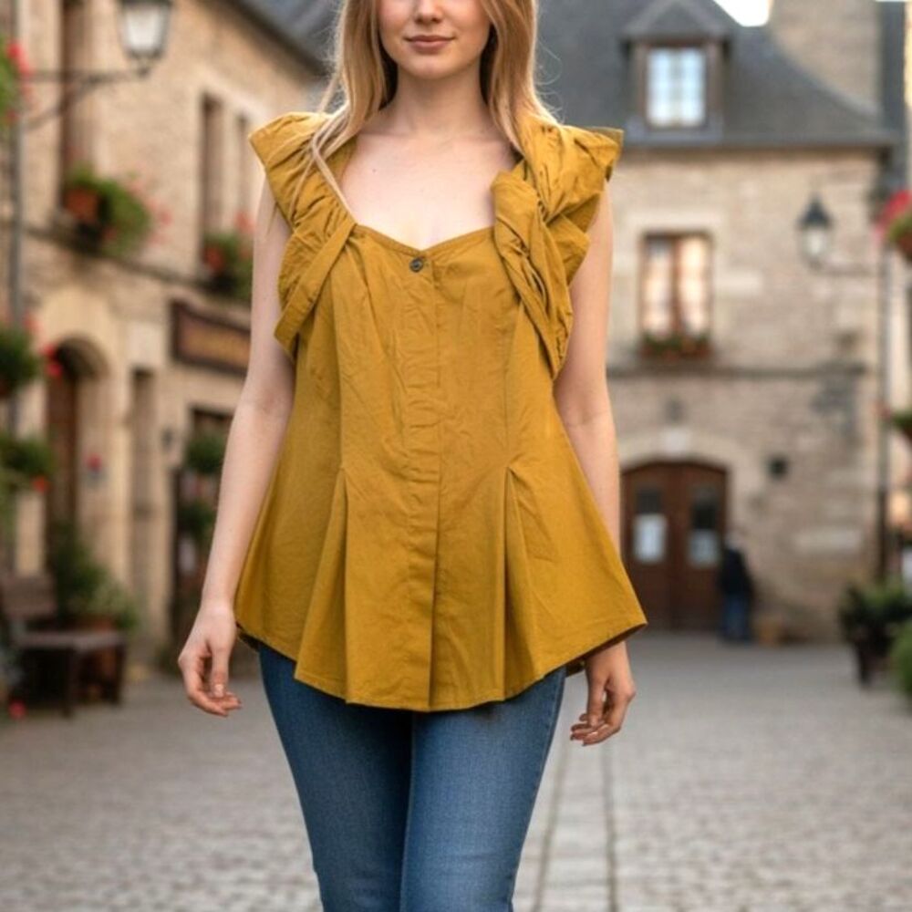 Anthropologie Odille Mustard Yellow Cotton Ruffle Pleated Blouse Top Size 6
